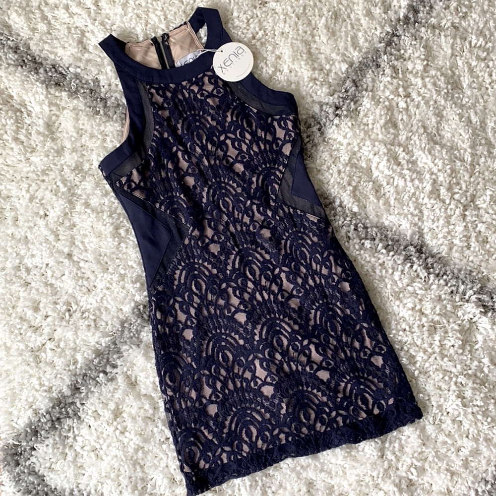 Navy Blue and Tan Lace Halter Dress - size US 4 and AU 8 -  Xenia Boutique